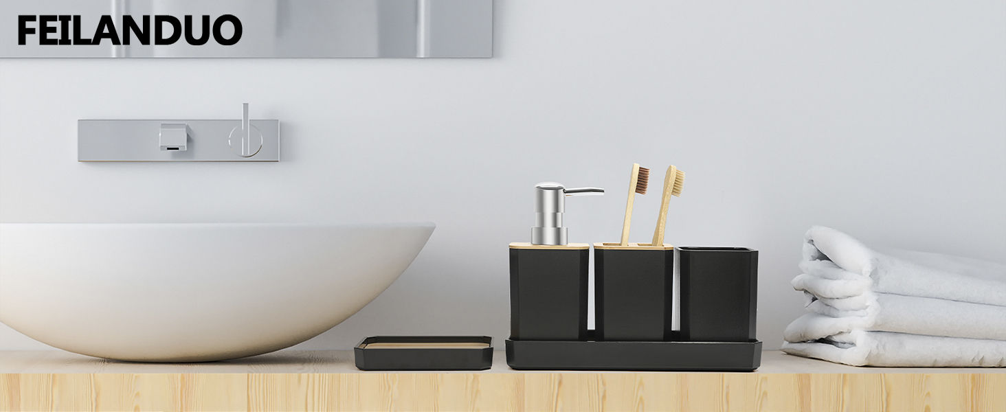 Набір аксесуарів для ванної кімнати FEILANDUO, 5 шт: дозатор для мила, мильниця, тримач для зубних щіток, стакан для зубної пасти, піднос для косметики, Бохо, чорний