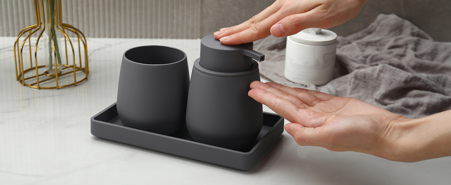 Сучасний набір для ванної кімнати AJEUNGAIN сірого кольору: мильниця, стакан для зубної пасти, піднос. 3 предмети.