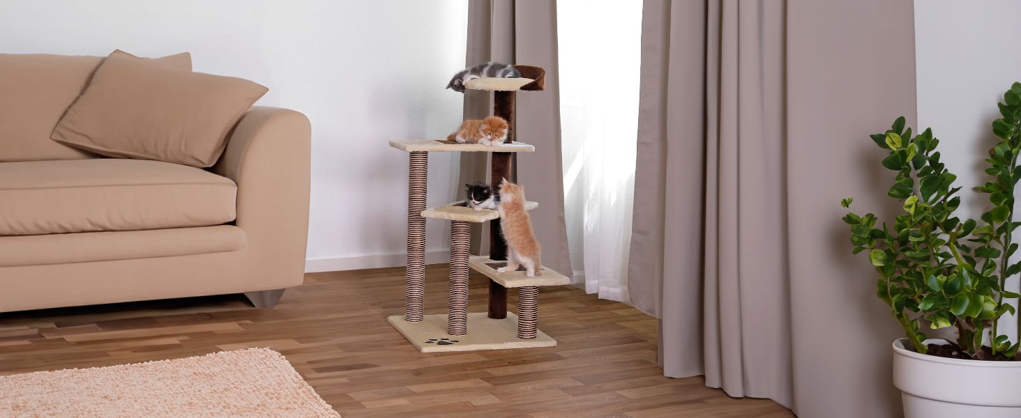 Драбина для котів Lionto з 3 платформами та затишним лежанкою, висота 100 см, котячий будиночок з сизалевим мотузком та м'яким плюшем, підходить для кошенят та великих котів, ідеальний догляд за кігтями, сірий/світло-сірий