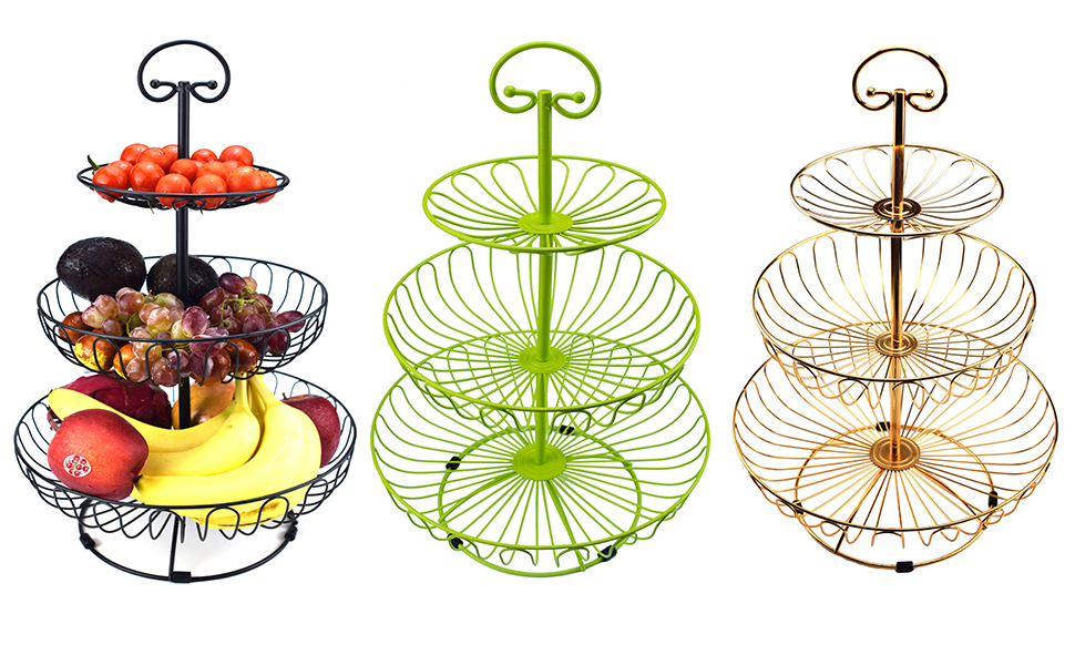 Металевий кошик для фруктів та овочів з ручкою - 3 яруси, великий, з нержавіючої сталі, з циркуляцією повітря (45 см, Ø30-24-16.5 см), золотий
