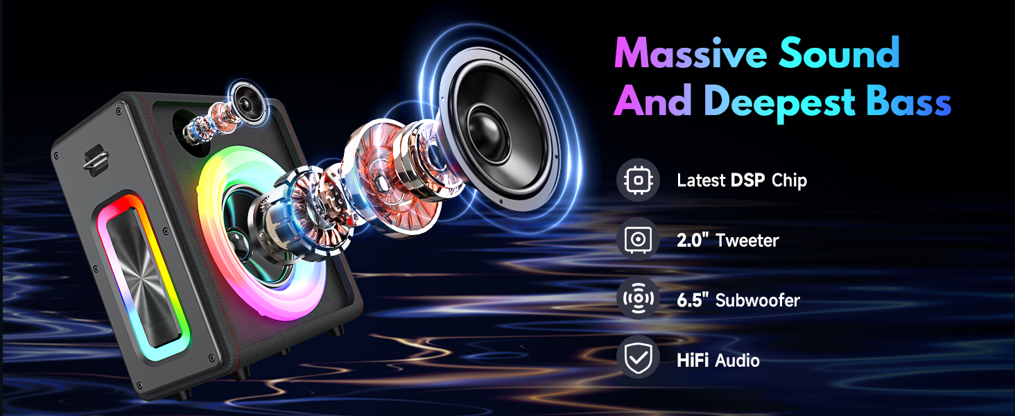 Караоке машина HWWR з 2 бездротовими мікрофонами, портативна Bluetooth 5.3 акустика з RGB-підсвіткою, PA-система для вечірок, Partybox, TWS, чорний