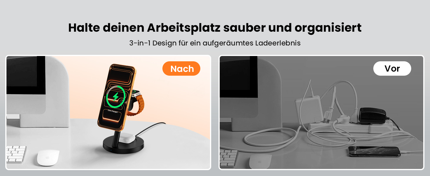 Зарядна станція JoyGeek 3-в-1 MagSafe 25W для iPhone 17/16, Apple Watch, Samsung Watch та AirPods з адаптером 45W (Чорний матовий)