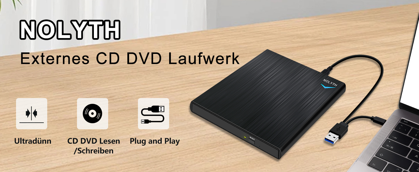 Зовнішній CD/DVD привід для ноутбука USB-C та USB: портативний DVD-плеєр та записувач для Mac, MacBook, Windows