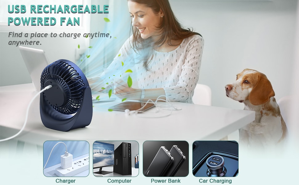 Настільний вентилятор SHAVINGFUN з USB-живленням, 4000mAh, 5 швидкостей, поворотний, тихий - для дому та офісу