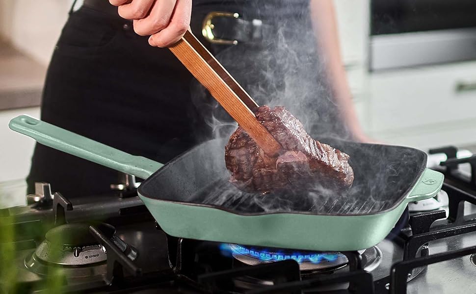 Чавунна гриль-сковорода Springlane Mint 26 см - Емальована сковорода для стейків з ребрами гриля, підходить для всіх плит, включаючи індукційні