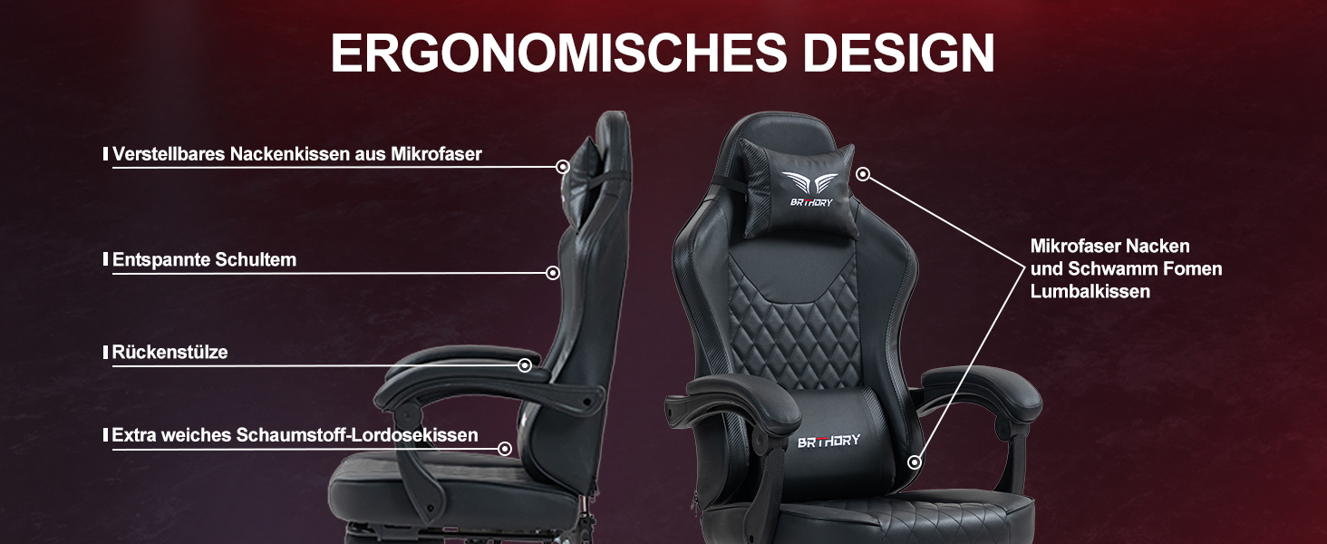 Геймерське крісло Racing Ergonomic Stoff – чорно-сіре з підставкою для ніг та регульованою спинкою (135°)