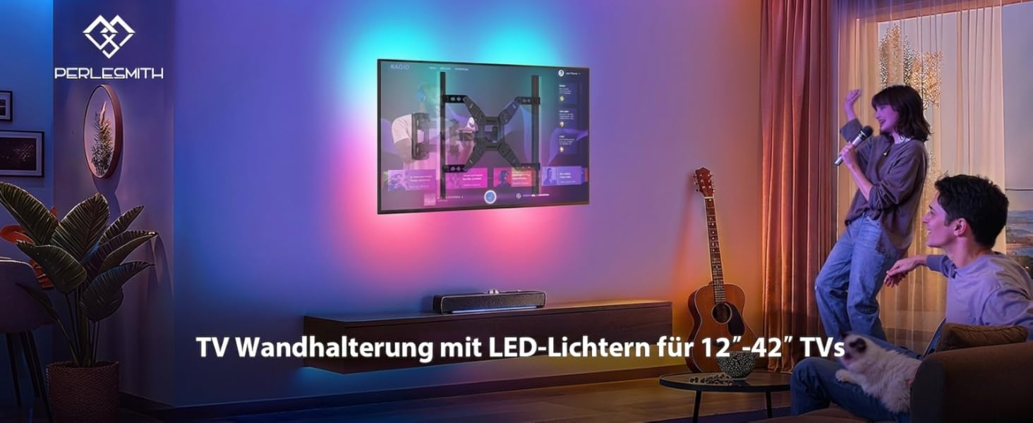Кронштейн для телевізора PERLESMITH поворотний настінний з LED підсвіткою для Echo Show 21/15, 12-42 дюйми, до 20 кг, VESA 200x200 мм, з синхронізацією з музикою