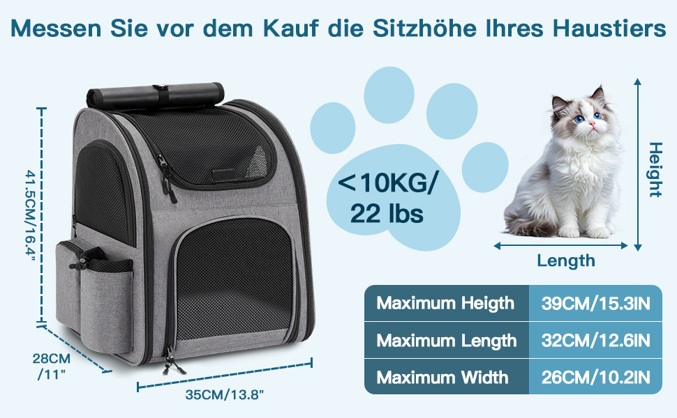 Рюкзак для тварин до 10 кг з сіткою, дихаючий та легкий, з внутрішнім шнуром безпеки та килимком (сірий)