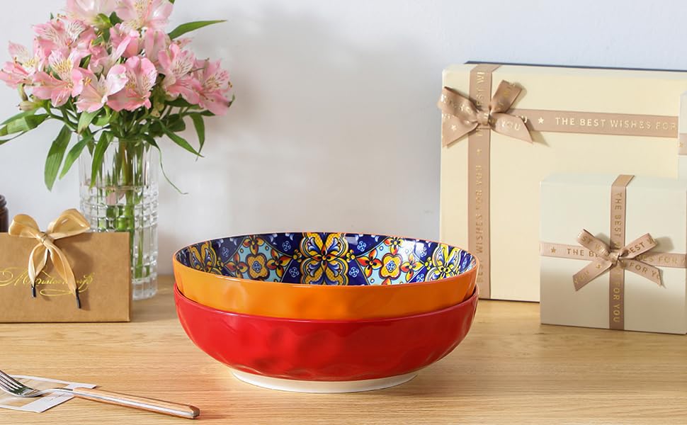 Набір тарілок Vancasso (4 шт) для супу та салату, кераміка, 2340 мл, червоний та помаранчевий, придатні для миття в посудомийній машині та мікрохвильовій печі