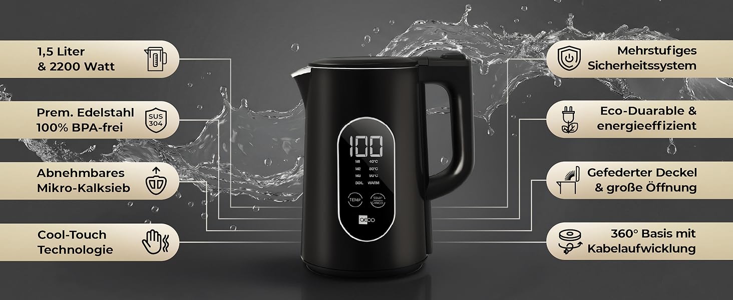 Електричний чайник Aeco AQA NEO з нержавіючої сталі, 1.7 л, 2150 Вт, без BPA, фільтр від накипу, бездротовий, CoolTouch, шампань срібло (Aqa Elite (чорний матовий))