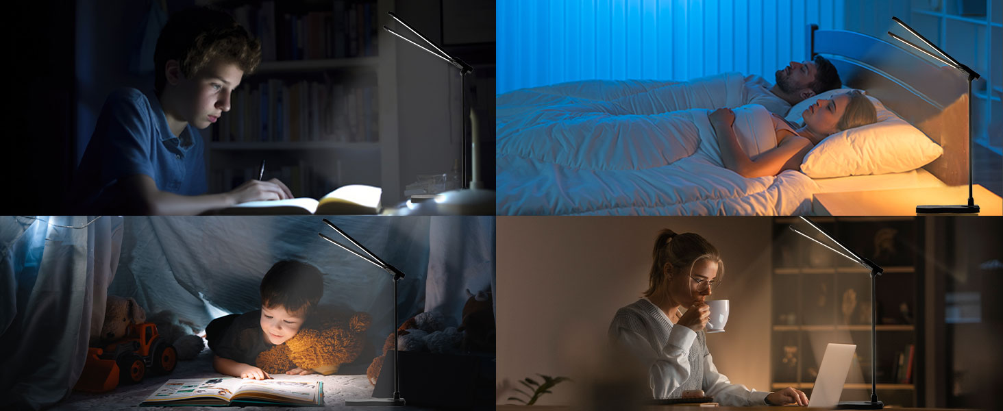 LED лампа настільна LQWELL® QM019, чорна: регулювання яскравості, 5 кольорів, 10 рівнів, USB-зарядка, сенсорне керування, пам'ять, для дітей, офісу