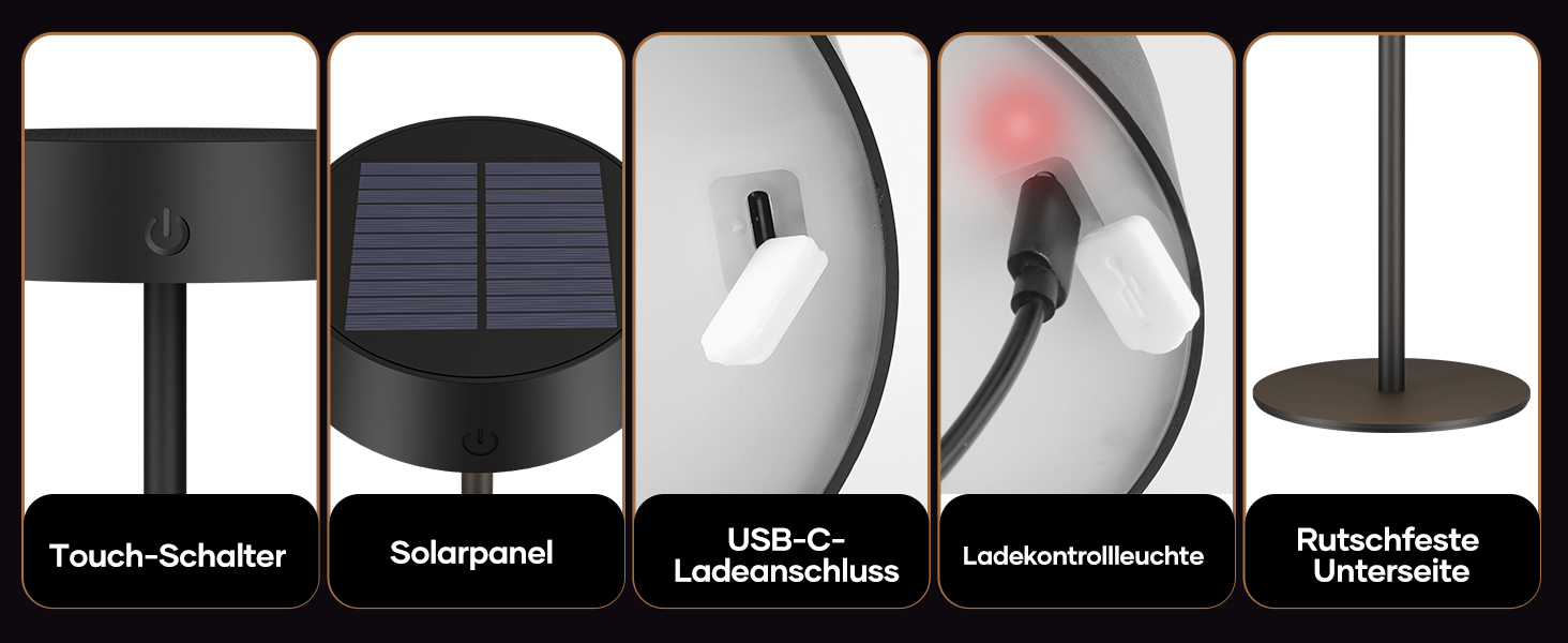 Сонярна LED-лампа Suright настільна бездротова, з USB-C зарядкою, регульована яскравість, 3 режими кольору, IP65 вологостійка, для дому та саду, чорна