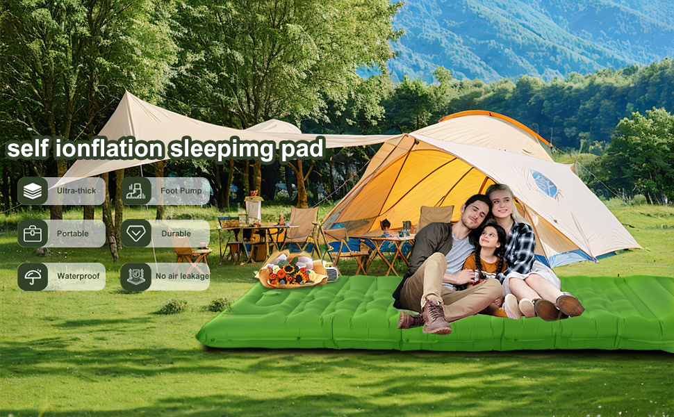 Каремат для кемпінгу самонадувний, 12 см, ультралегкий, з насосом та подушкою. Підходить для туризму, пляжу та відпочинку на природі (зелений)