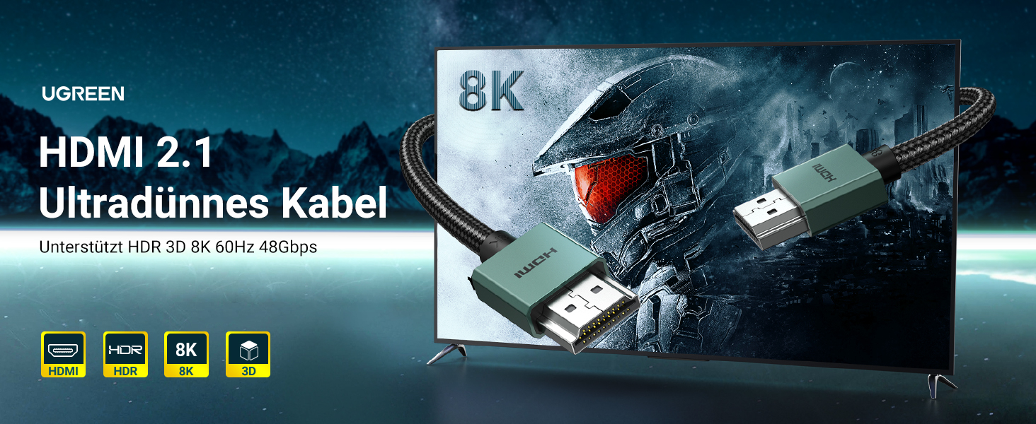 Кабель HDMI UGREEN 8K Flexibles, 2.0 м, 48Gbps, High Speed, сумісний з PS5, PS4, Xbox Series X/S, HDTV, проектор