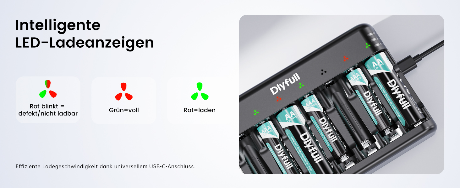 Зарядний пристрій Dlyfull для акумуляторів AAA/AA, 8-канальний зарядний пристрій з LED-дисплеєм, 5V/2A USB-C, для NI-MH/NI-CD, чорний