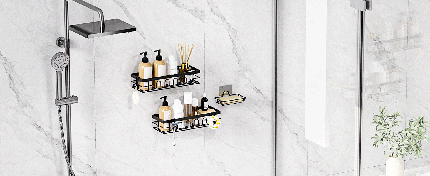 Поличка для душу без свердління, 3-секційний органайзер для душу з регульованими кошиками, нержавіюча сталь - Максимальний простір для зберігання з мильницею та 3 гачками для душу, ванної, кухні, балкону - Підставка для душу без свердління