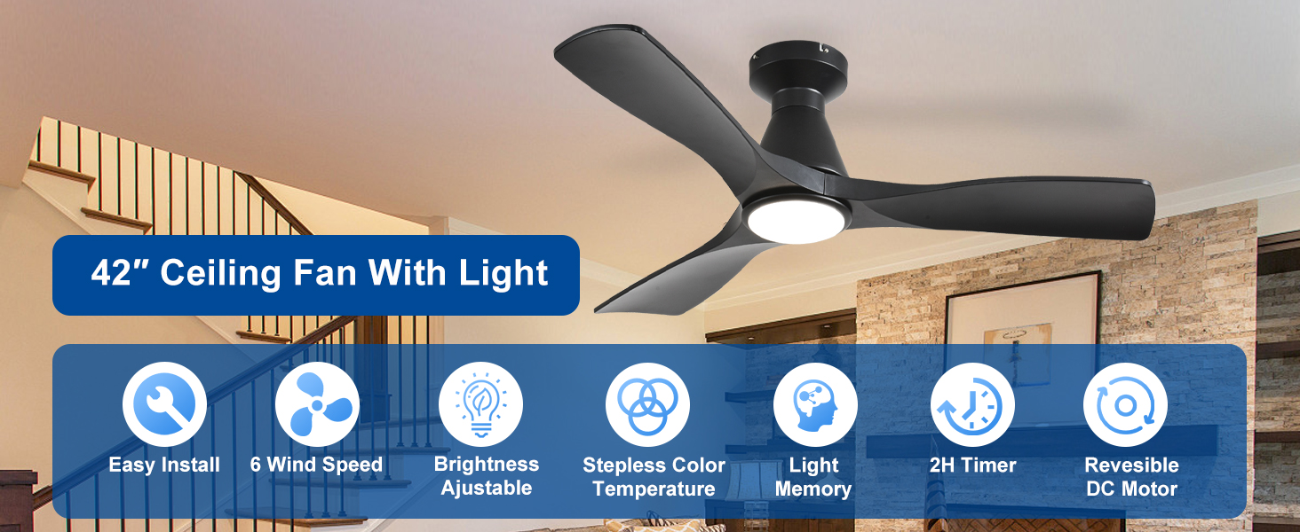 Стелянка вентилятор Depuley 42 дюйми з підсвічуванням: чорний, 3 лопаті, врізний монтаж для спальні. Диммування, керування через додаток, тихий DC-двигун, таймер, чорний колір.