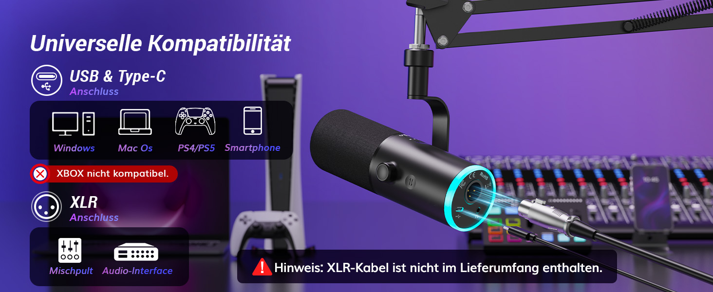Професійний USB/XLR мікрофон TONOR TD510 AIR S+H для стрімінгу та подкастів з AI шумозаглушенням, RGB підсвіткою, кріпленням-пантографом, чорний