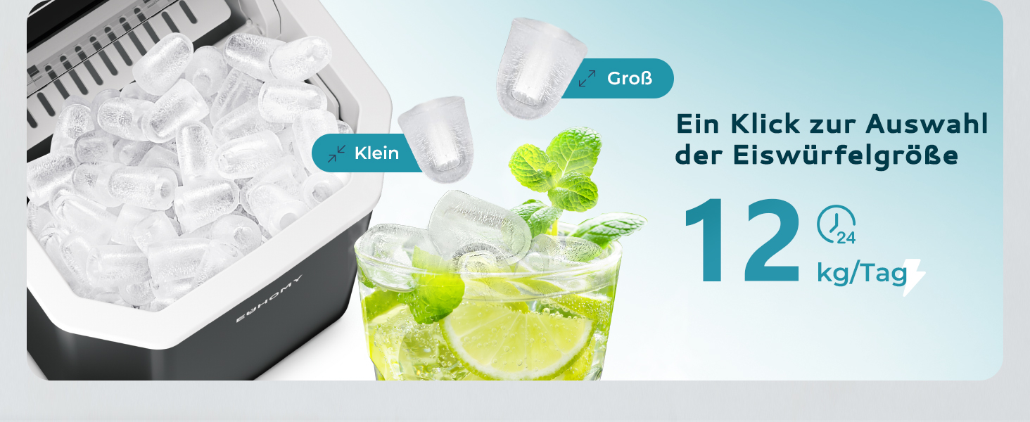 EUHOMY Ice Maker - Countertop Ice Machine, Stainless Steel, 12kg/Day Capacity, 9 Cubes in 6 Minutes, 2 Sizes, for Home, Kitchen, Office, RV - Black