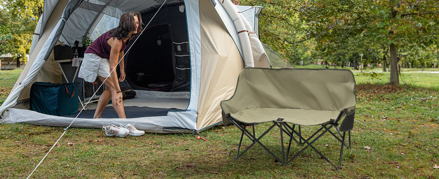 Складане крісло-диван для кемпінгу на 2 особи - переносна модель з підлокітниками та сумкою, блакитний, 110 см. Ідеально для пікніків, кемпінгу, саду, балкону, риболовлі та відпочинку на природі.