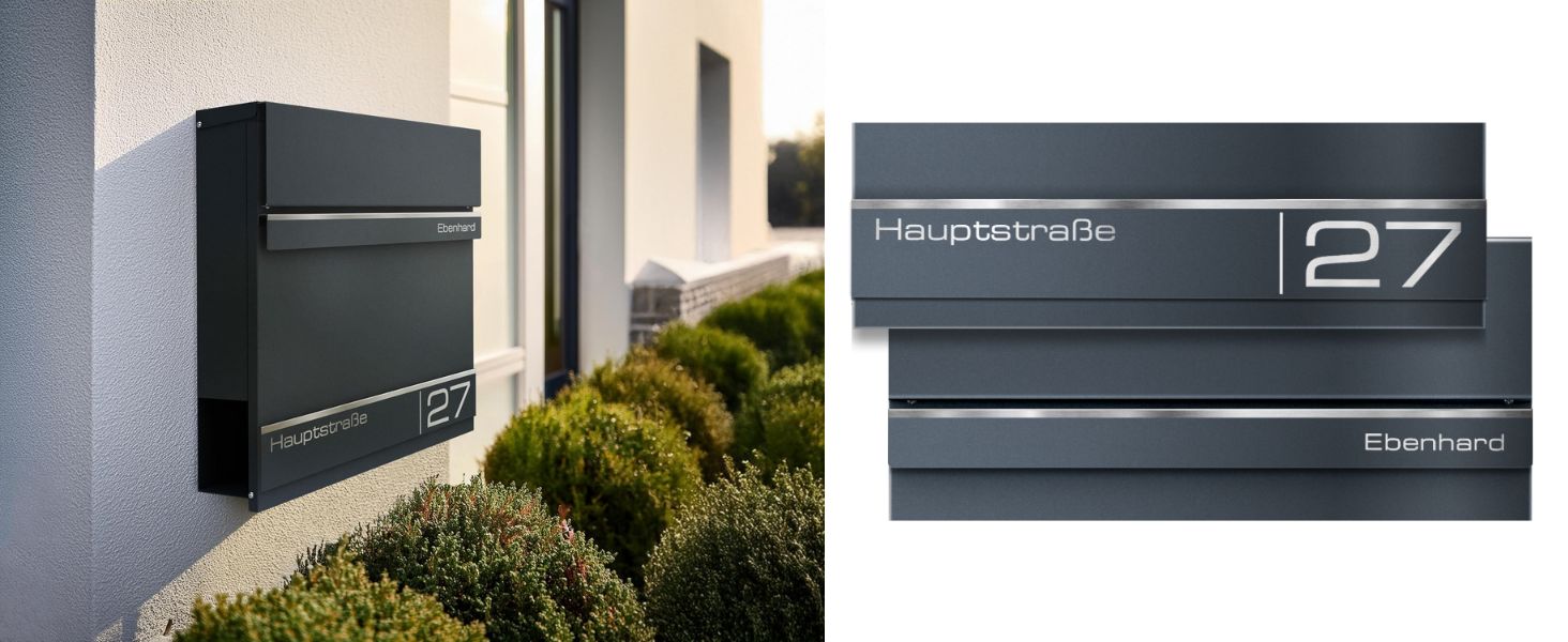 Поштова скринька Metzler Hermann Anthrazit RAL 7016 з газетницею та номерним знаком – персоналізована лазерним гравіюванням. Сучасна водонепроникна та антикорозійна поштова скринька
