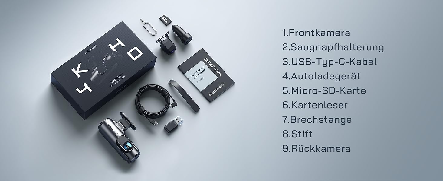 WOLFANG Dashcam Auto Передній та Задній 4K WiFi відеореєстратор з 32GB SD карткою, Ultra нічне бачення, 170° широкий кут огляду, WDR, 24 год. режим паркування, G-сенсор, циклічна запис