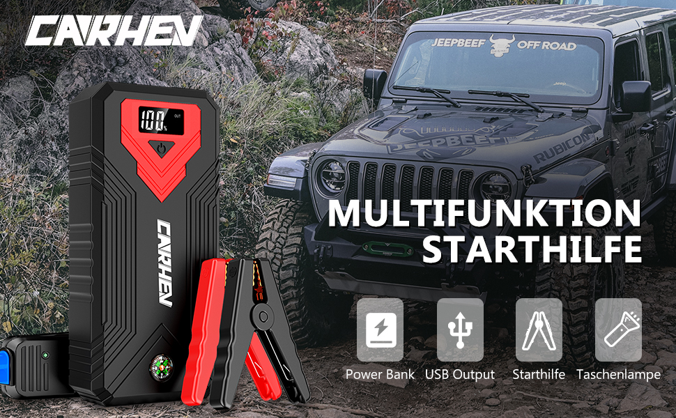 Powerbank для автомобіля Starthilfe: пусковий пристрій, 4000A, 12V, USB, LED, для бензинових та дизельних авто (до 8.0L)