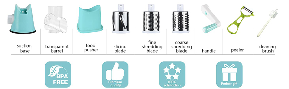 Ручна овочева тертка з ручкою та 3 насадками - Turbo Cut, для овочів, сиру, льоду, горіхів (блакитна)