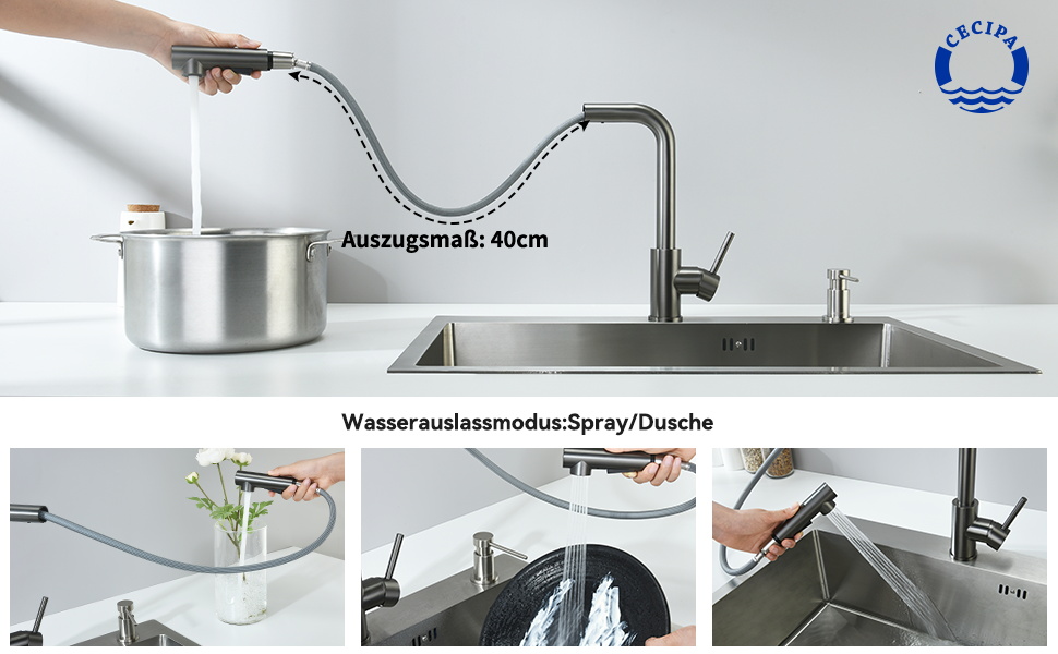 Змішувач кухонний висувний CECIPA з душем, нержавіюча сталь, 2 режими, 360° обертання, високий тиск, щіткова сталь (грашко-чорний)