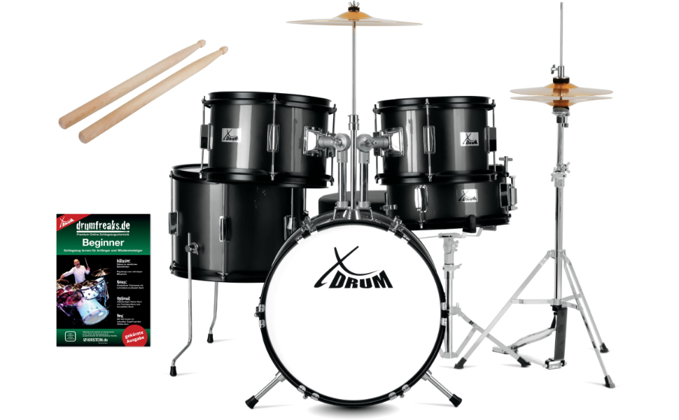 XDrum Junior Pro Kinder барабанний комплект Red - для дітей 5-9 років - з аксесуарами та навчальним посібником (Чорний, Solo)