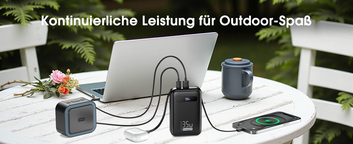 Powerbank 20000mAh з PD 35W, USB-C кабель, LED дисплеєм та 8 Pin кабелем. Чорний акумулятор для iPhone, iPad, Samsung Galaxy, Huawei та інших пристроїв