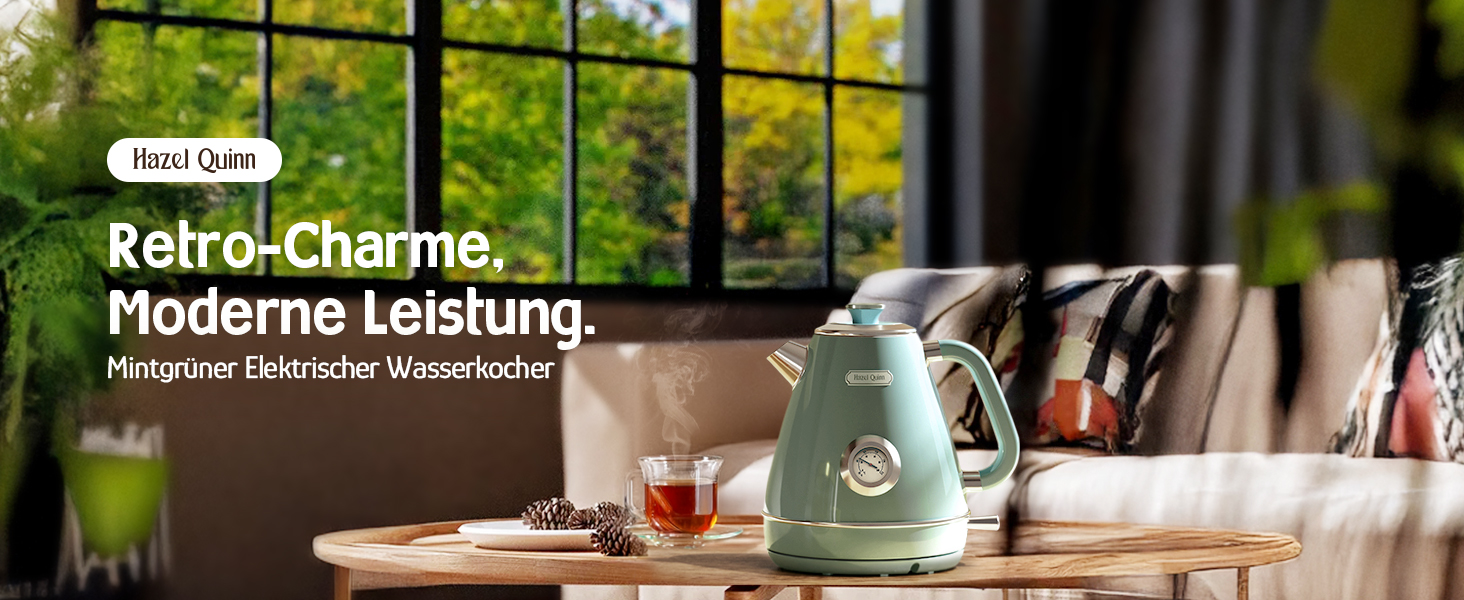 Електричний чайник Hazel Quinn Retro з термометром, з нержавіючої сталі, без пластику, 1.7 л, 2200 Вт, автоматичне відключення, вінтажний дизайн (М'ятно-зелений)
