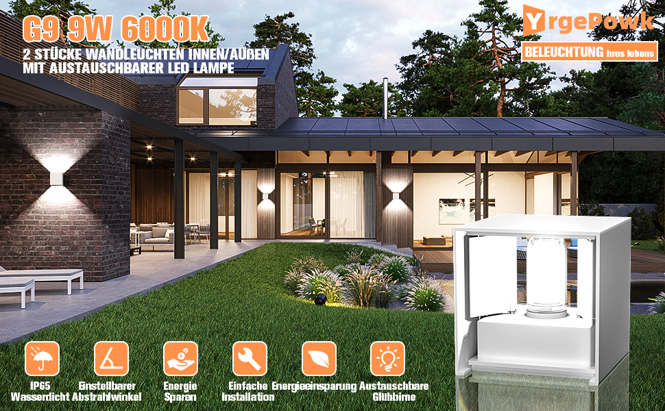 Настінне освітлення YrgePowk 2 шт. з LED лампою G9, зовнішнє та внутрішнє, IP65, регульований кут освітлення, чорний, 4 шт. (білий 6000K)
