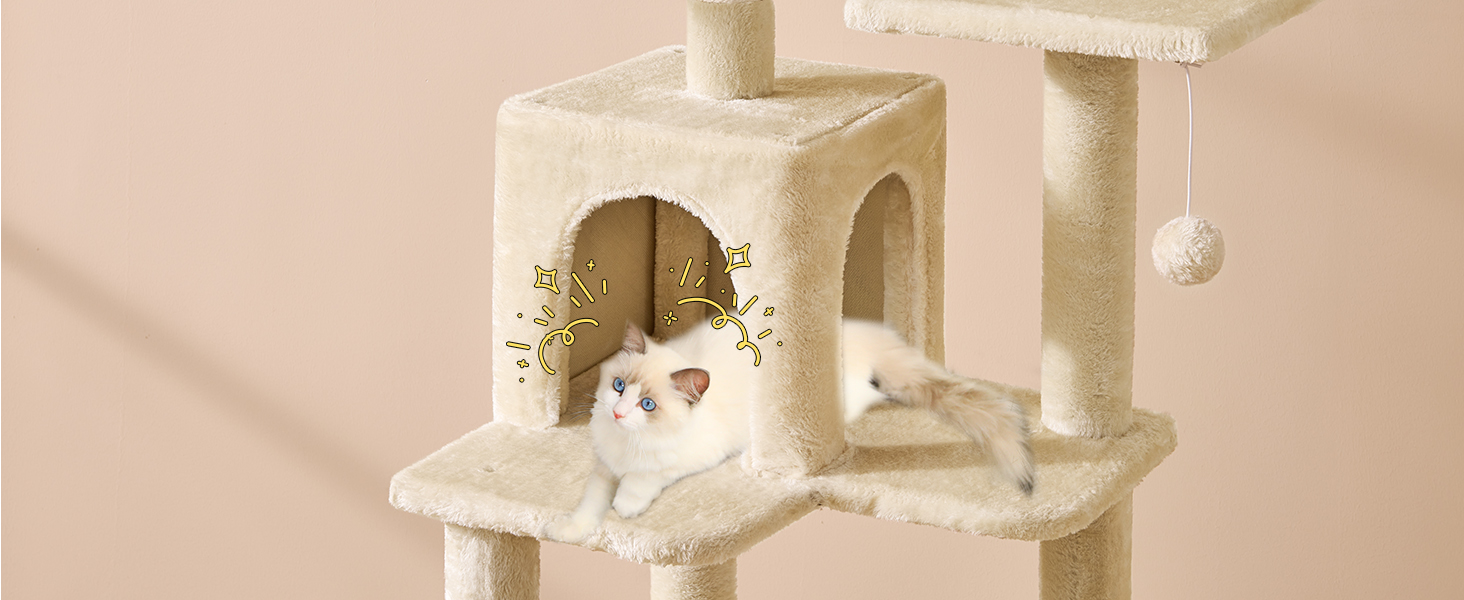 Кігтеточка для котів MSmask велика, багатоповерхова, з платформами, гамаком та сизалевими стовпчиками (бежева)