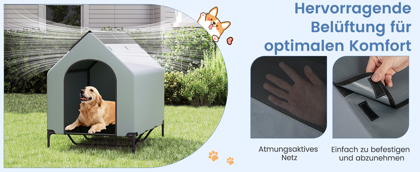 Будка для собак COSTWAY 2 в 1 з піднятим ліжком, Outdoor, сірий Оксфорд (84 x 132 x 114 см)