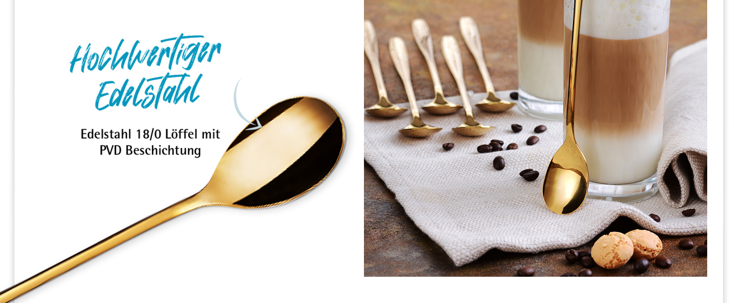 Льодогенератор та ложка для лате-макіато Gräwe з нержавіючої сталі, довга ложка для кави, десертів та холодного чаю, придатна для миття в посудомийній машині, золотиста