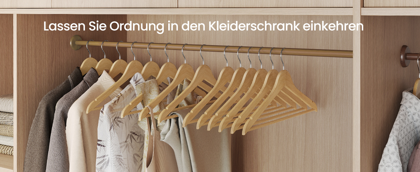 Плечики SONGMICS для одягу з дерева, набір 60 шт., дерев'яні, тонкі, для сорочок та жакетів, з вирізами для плечей, для штанів, поворотний гачок 360°, береза, білий, натуральні кольори