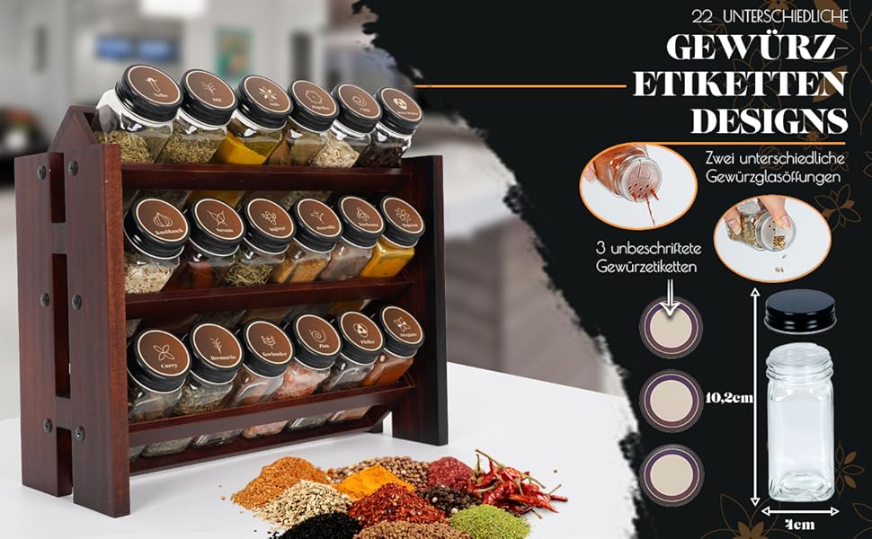 Elegant dark spice rack, wood, standing & wall mounted. 18 SPICE JARS, 25 LABELS. Spice organizer, spice rack, kitchen shelf, wood, vintage. Spice rack - spice rack system hanging - spice storage