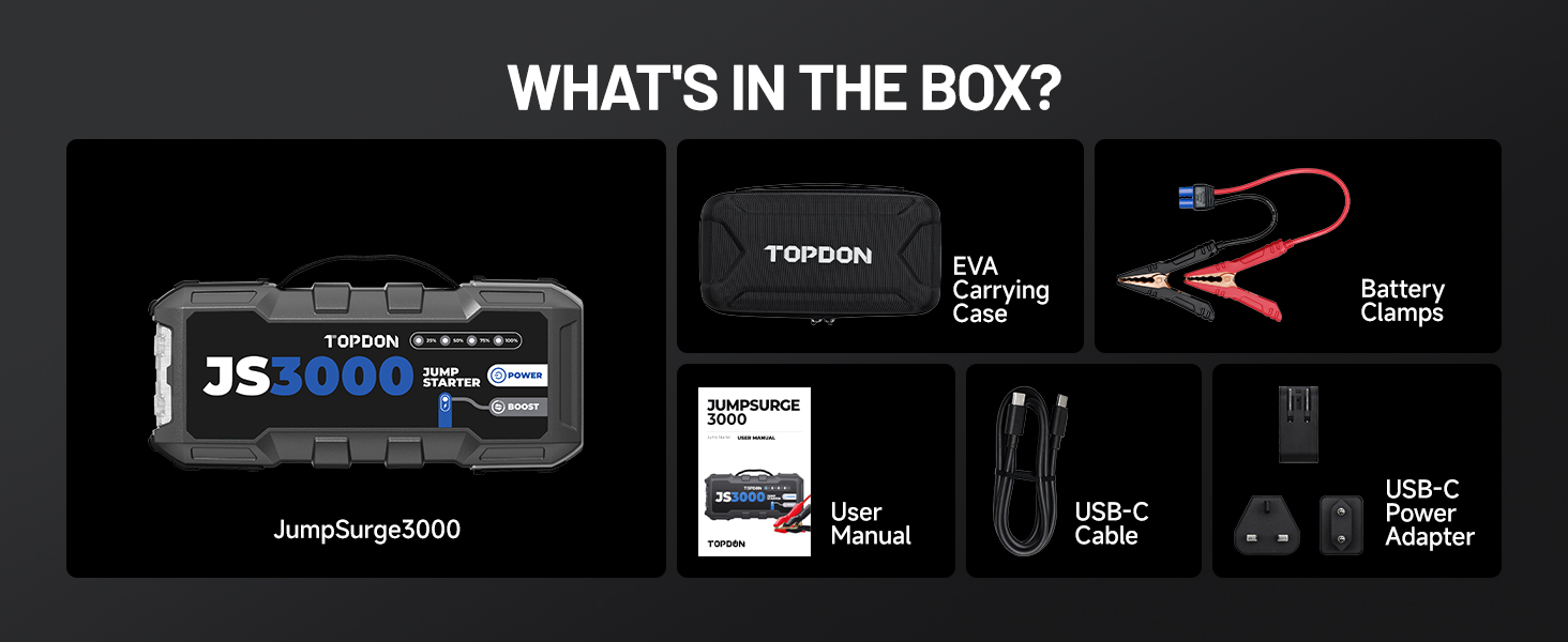 TOPDON JS3000 Powerbank для запуску двигуна: автостартер, бустер для акумулятора до 9л бензину/7л дизеля, 24000mAh, 3000A, LED, EVA-сумка