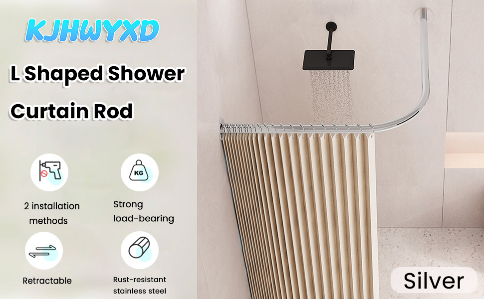 Регульована штанга для душу L-подібної форми без свердління, штанга для душу з нержавіючої сталі 304, розширювана кутова штанга для душу, для (Розмір:Колір) (C 90-130см x 90-130см, Срібло)