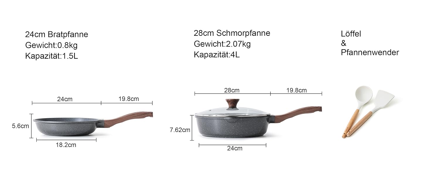 Набір посуду SENSARTE з антипригарним покриттям 13 предметів, гранітний, з кришками та силіконовими інструментами, сірий