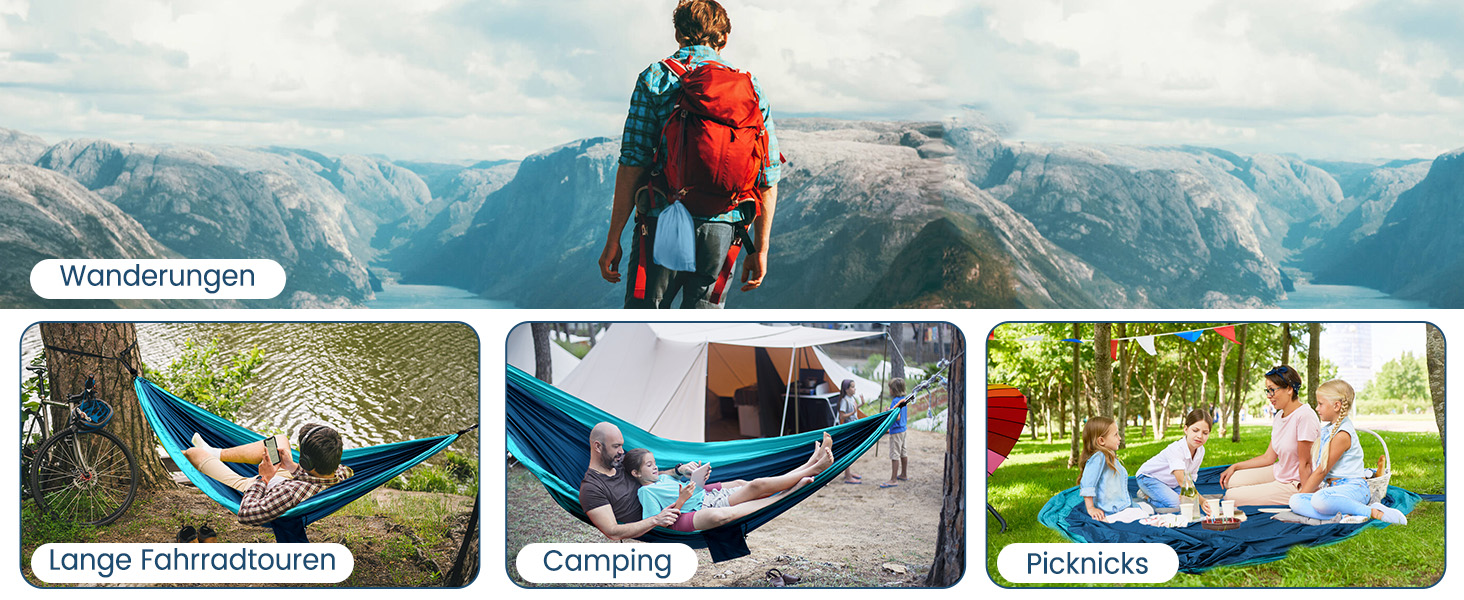 Гамак для двох осіб XXL 300 x 200 см – Складаний, ультралегкий та портативний. Міцний гамак для відпочинку на природі (300 кг) – ідеально для саду, кемпінгу та подорожей (блакитний)