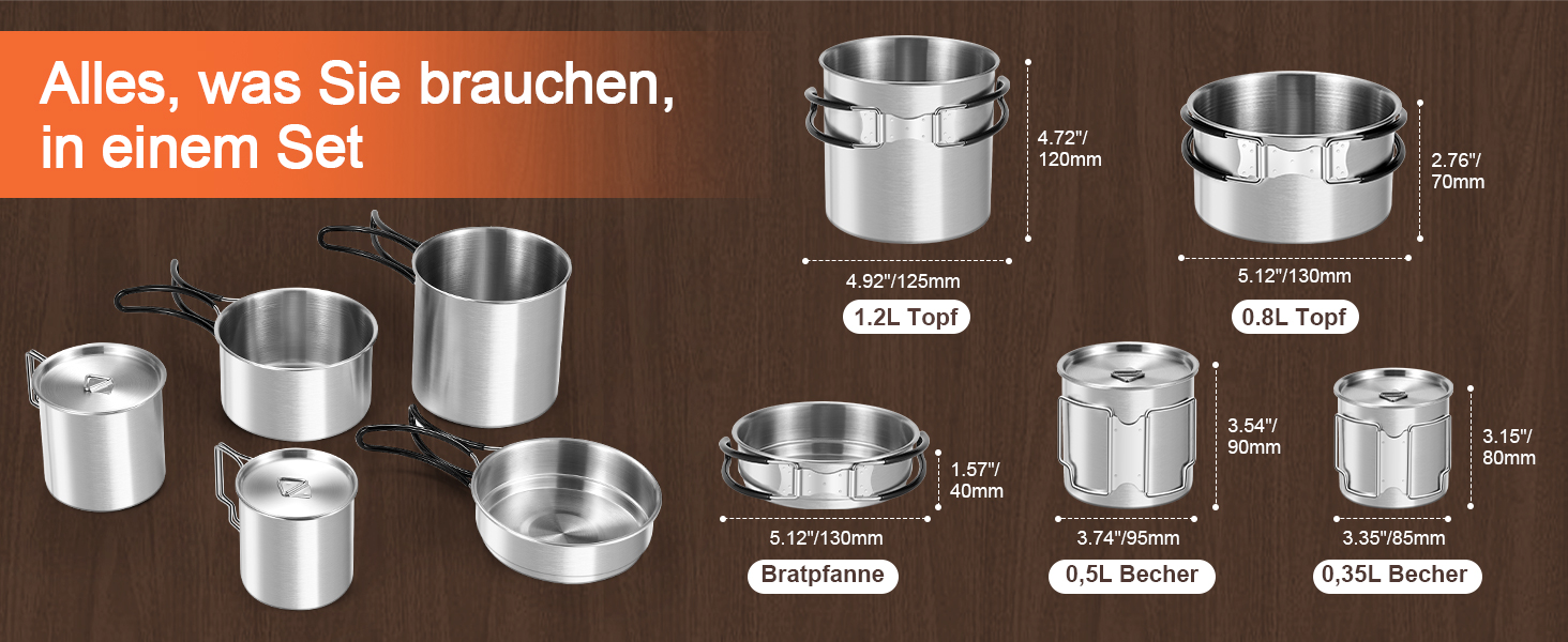 Набір посуду для кемпінгу Odoland з нержавіючої сталі (13 предметів) - посуд для приготування їжі, набір каструль, сковороди, тарілок, мисок, виделок, ножів, ложок для кемпінгу, походів, пікніків