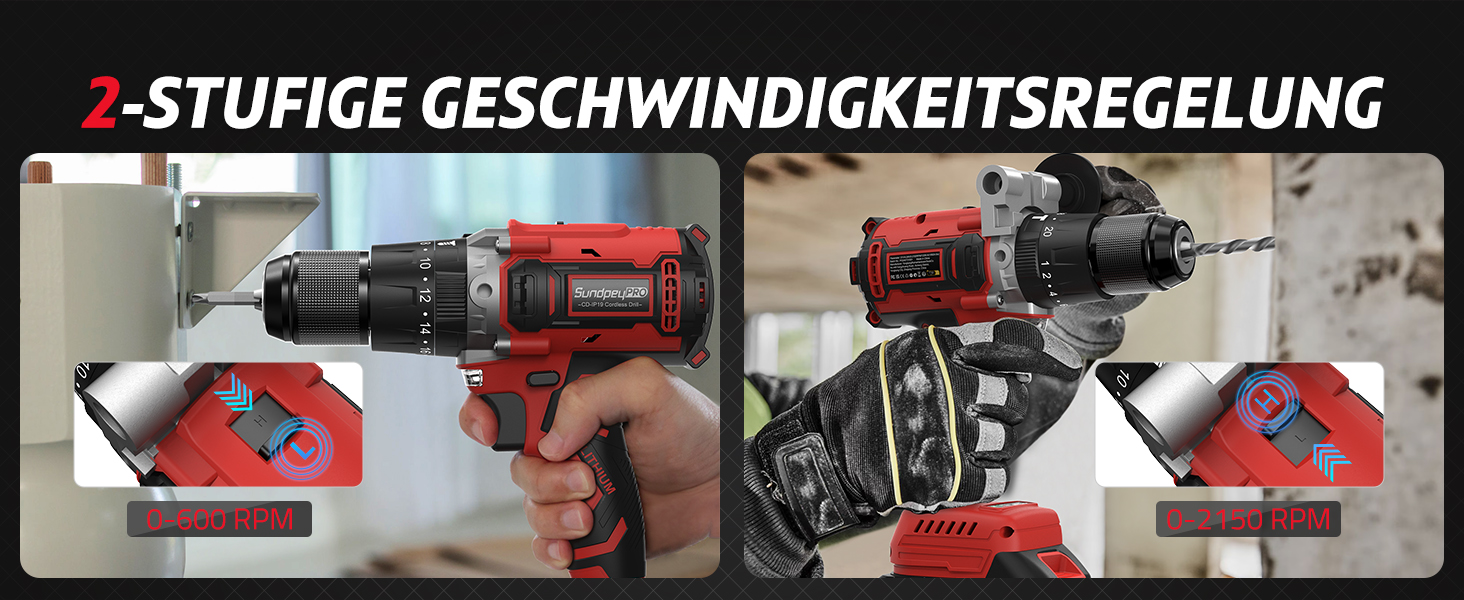 Акумуляторний дриль-шуруповерт SundpeyPRO 21V з перфоратором, 120 Нм, безщітковий двигун, комплект з 2 x 4000mAh акумуляторами, 20+3 ступені крутного моменту, LED-підсвітка