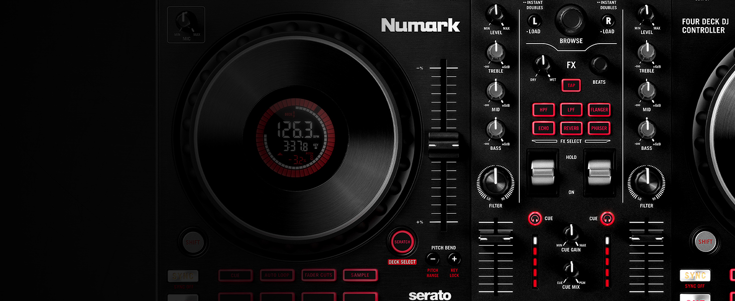 DJ контролер Numark NS4FX: 4 канали, Touch-Jogwheels, Pads, ефекти, Serato DJ Lite, чорний