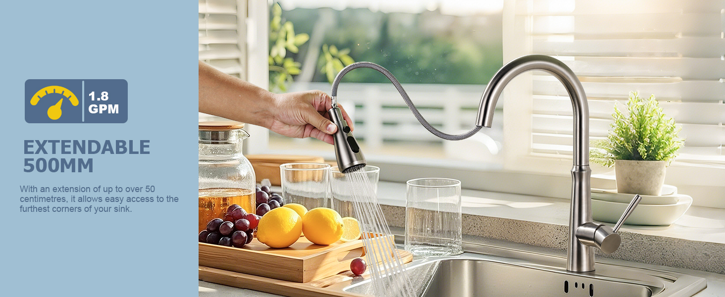 Змішувач кухонний iVIGA висувний з дозатором, водоспад, 360° поворот, 3 режими, щітене нікель