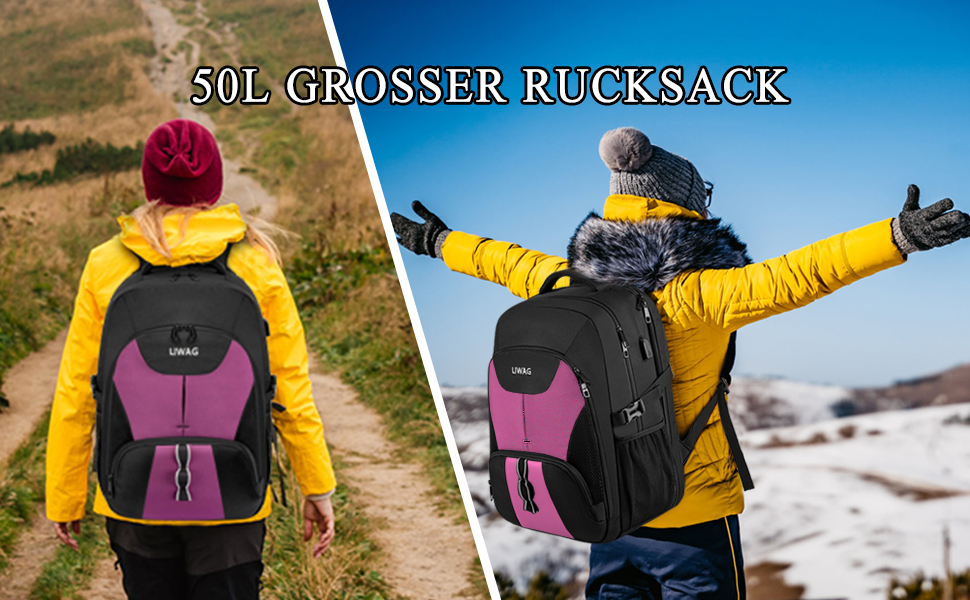 Жіночий рюкзак LIWAG 50L, водовідштовхувальний, з відділенням для ноутбука 17 дюймів, USB-порт, антикрадійний, для роботи, подорожей, школи, фіолетовий