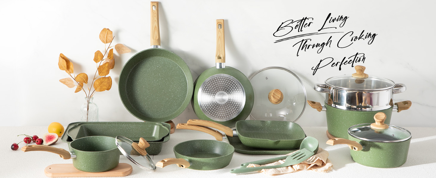 Набір каструль та сковорідок DishDelight 30 предметів з антипригарним покриттям з граніту. Набір каструль, сковорідок з кришками з термостійкого скла. Зелений колір.