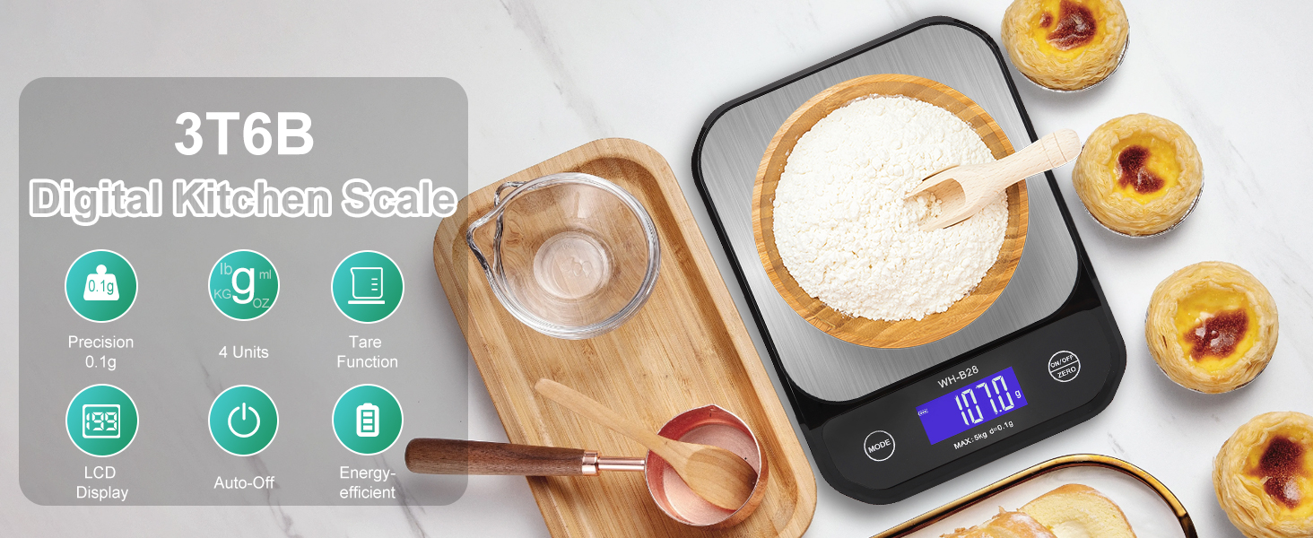 Водонеробочі кухонні ваги 3T6B IP67, USB, 5 кг/0.1 г, LED-дисплей для приготування їжі та випічки