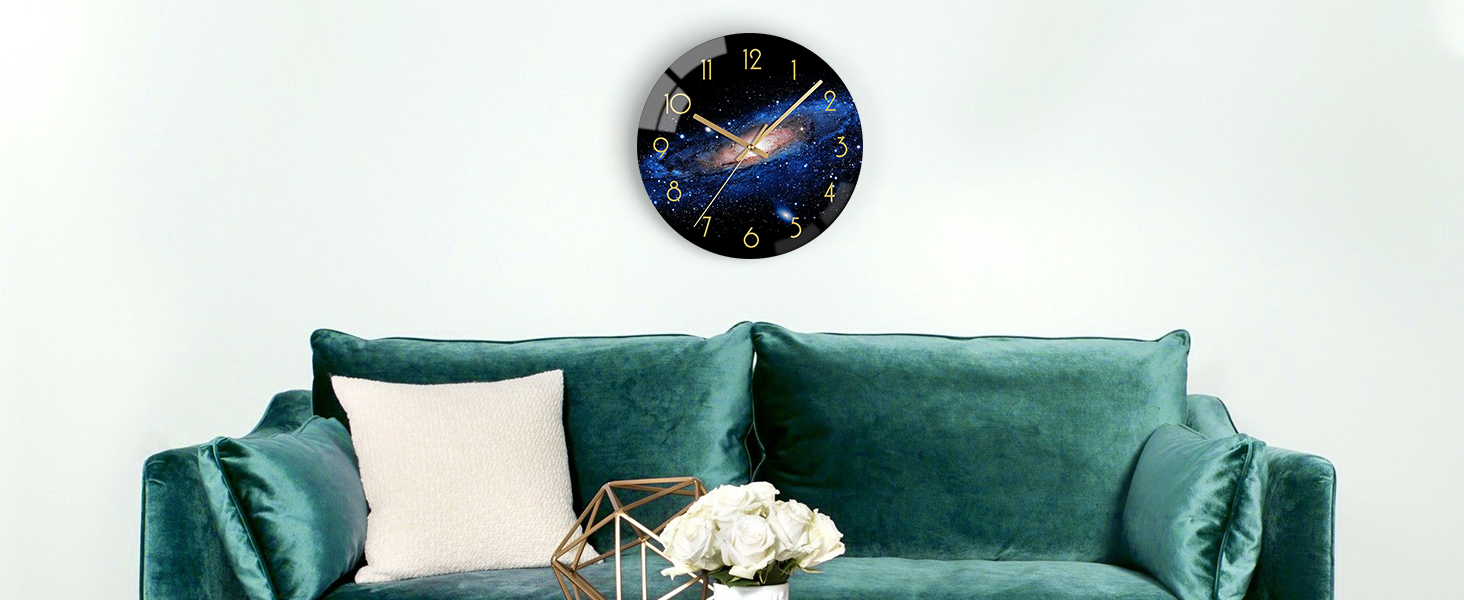 VIKMARI Glass Wall Clock Silent-Non Ticking Wand Clocks - Quality Quartz Battery-Operated Round 12 Inch (Night Sky Pattern)